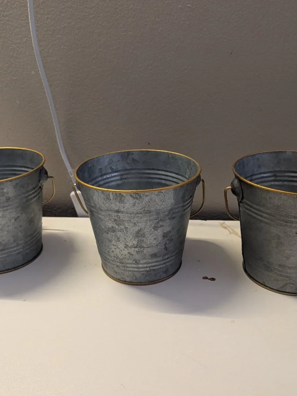Set of 3 Miniature Galvanized Metal Craft Buckets with Gold Trim Handles